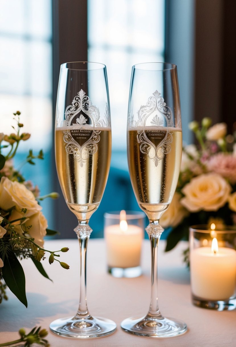 Two elegant champagne flutes with intricate engravings sit on a table, surrounded by delicate floral arrangements and soft candlelight