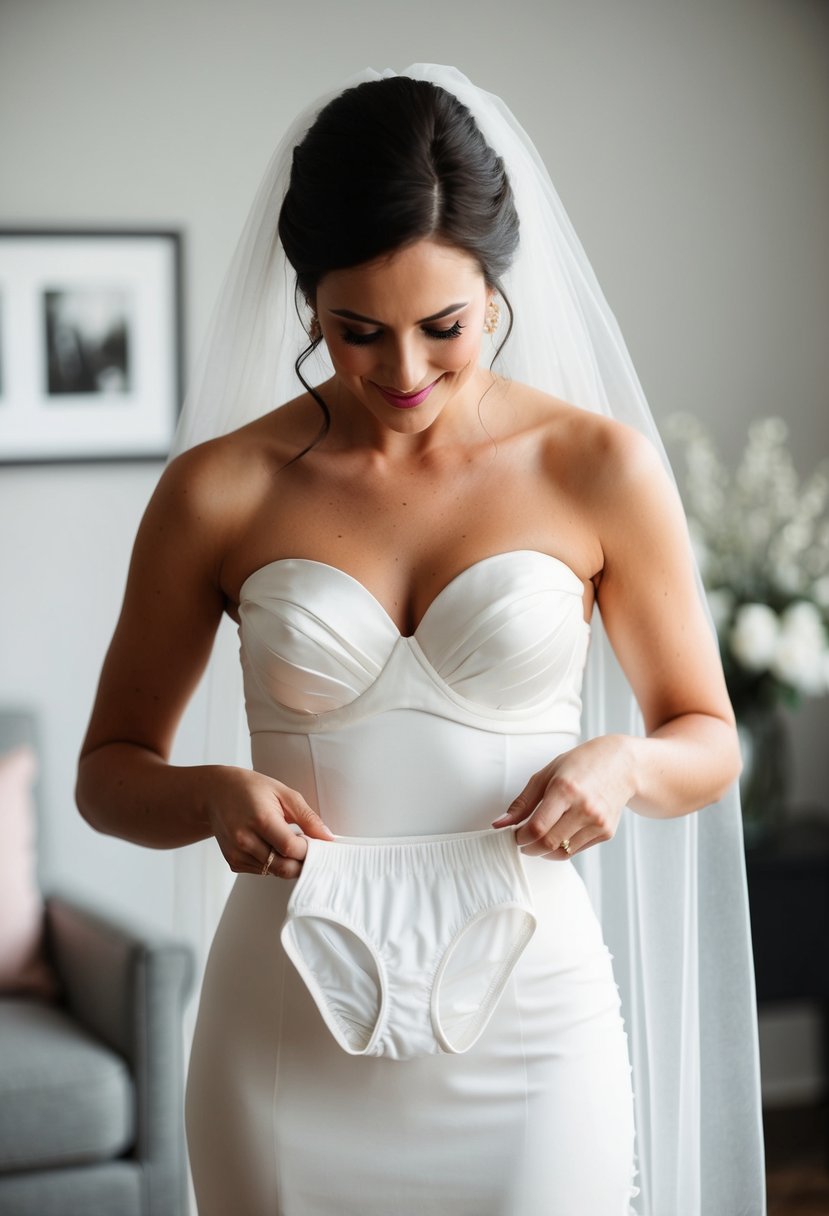 A bride carefully selects comfortable strapless undergarments for her wedding dress