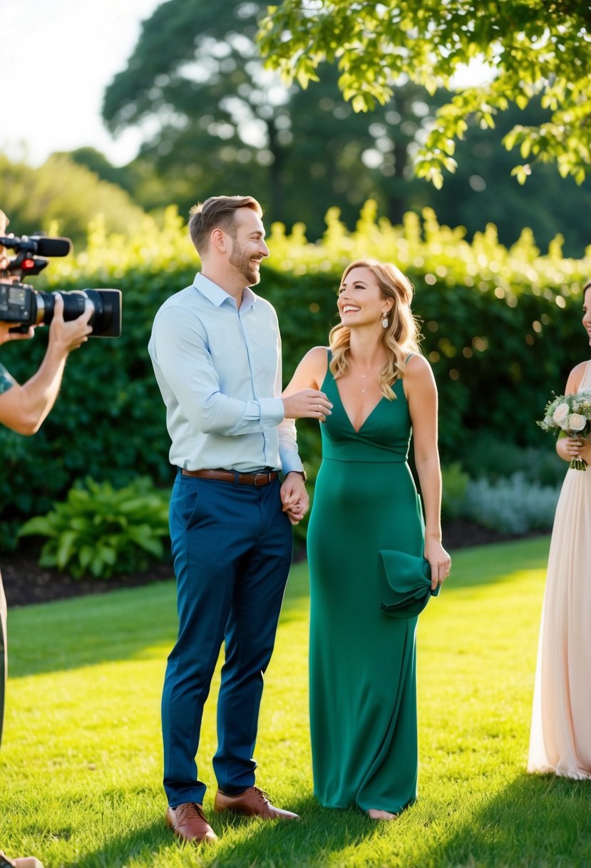 A couple stands in a picturesque outdoor setting, surrounded by lush greenery and soft natural light. A videographer captures candid moments as they laugh and embrace