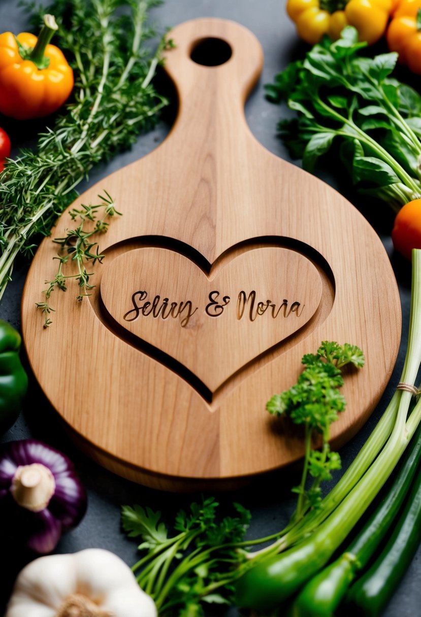 A wooden cutting board with a couple's names and a heart carved into the surface, surrounded by fresh herbs and colorful vegetables