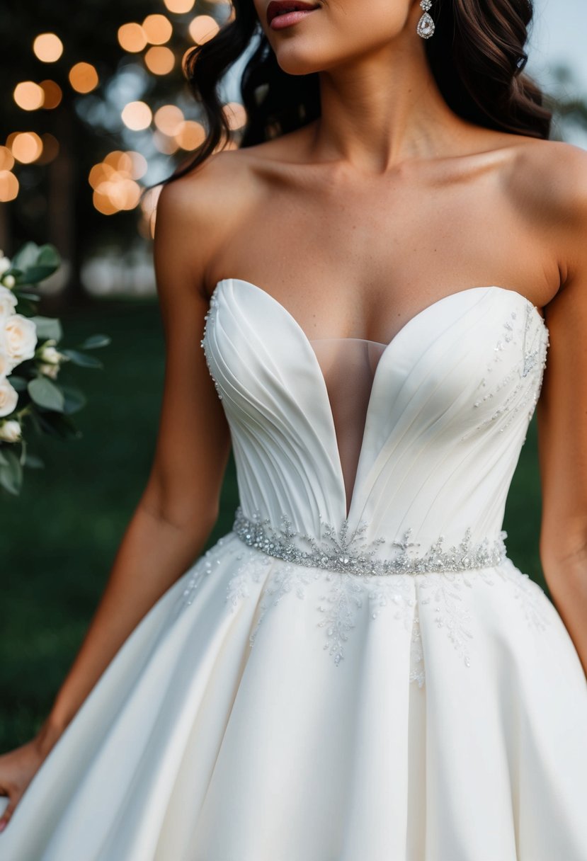 A strapless wedding dress with a plunging neckline, adding style