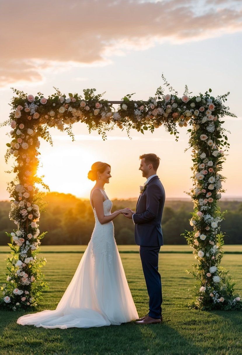 A bride and groom stand beneath a floral arch, exchanging vows. The sun sets behind them, casting a warm glow over the scene