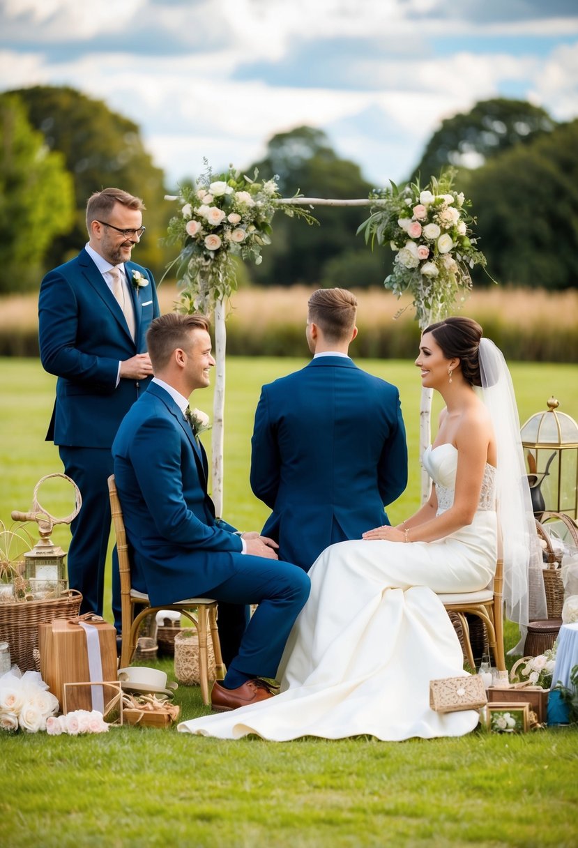 A bride and groom sit facing each other, surrounded by a variety of wedding props and accessories. The photographer stands nearby, engaged in conversation with the couple