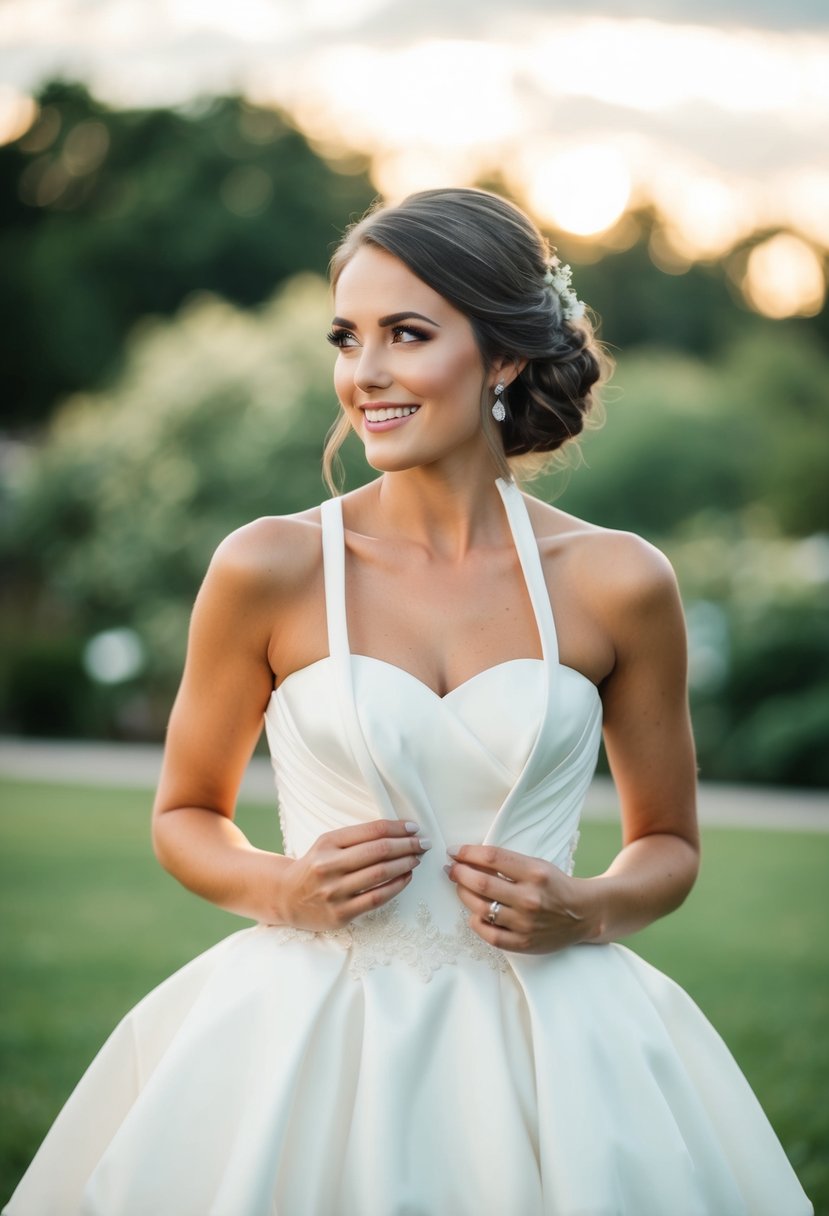 A bride holds a strapless wedding dress with removable straps as a backup option