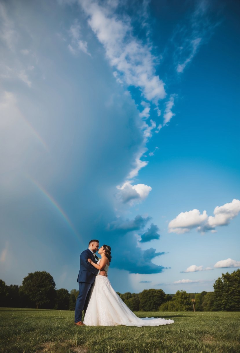 A sunny outdoor wedding photoshoot with a clear blue sky, scattered clouds, and a sudden rainstorm in the background