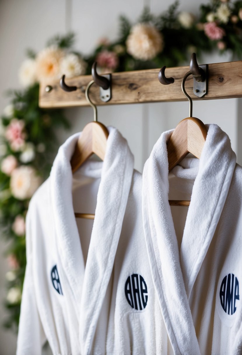 Two monogrammed bathrobes hanging on a rustic wooden hook, with soft lighting and floral accents in the background