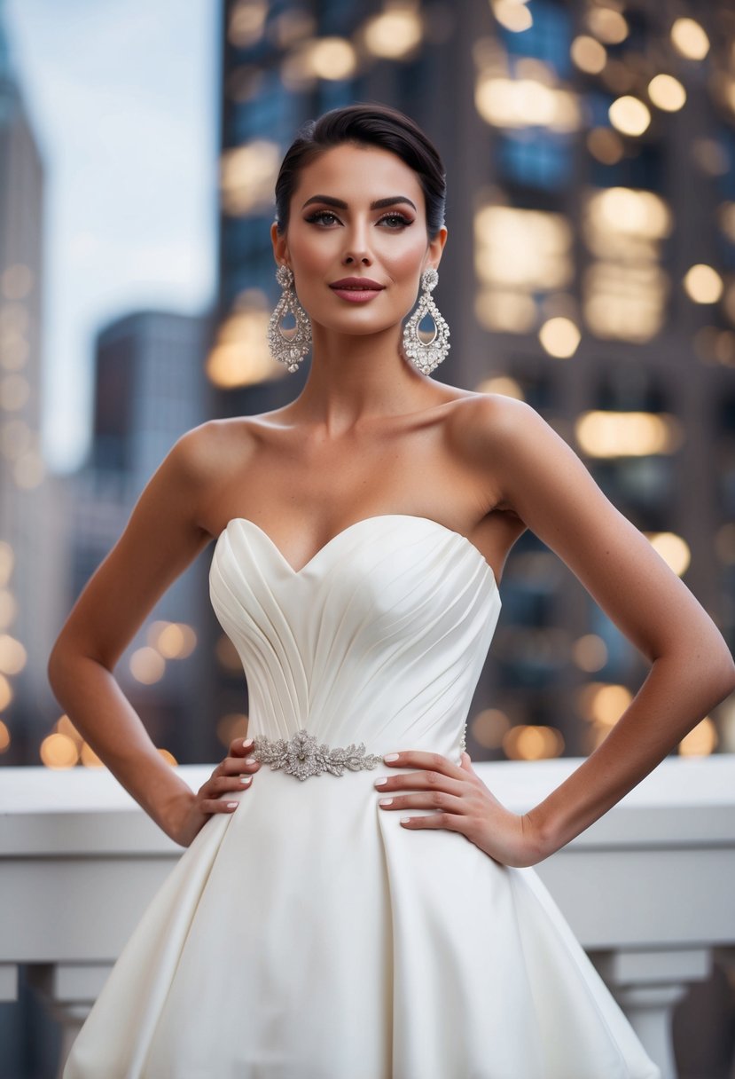 A strapless wedding dress with bold statement earrings, exuding glamour