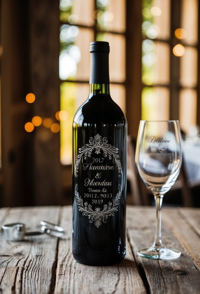 A beautifully engraved wine bottle with personalized wedding details displayed on a rustic wooden table