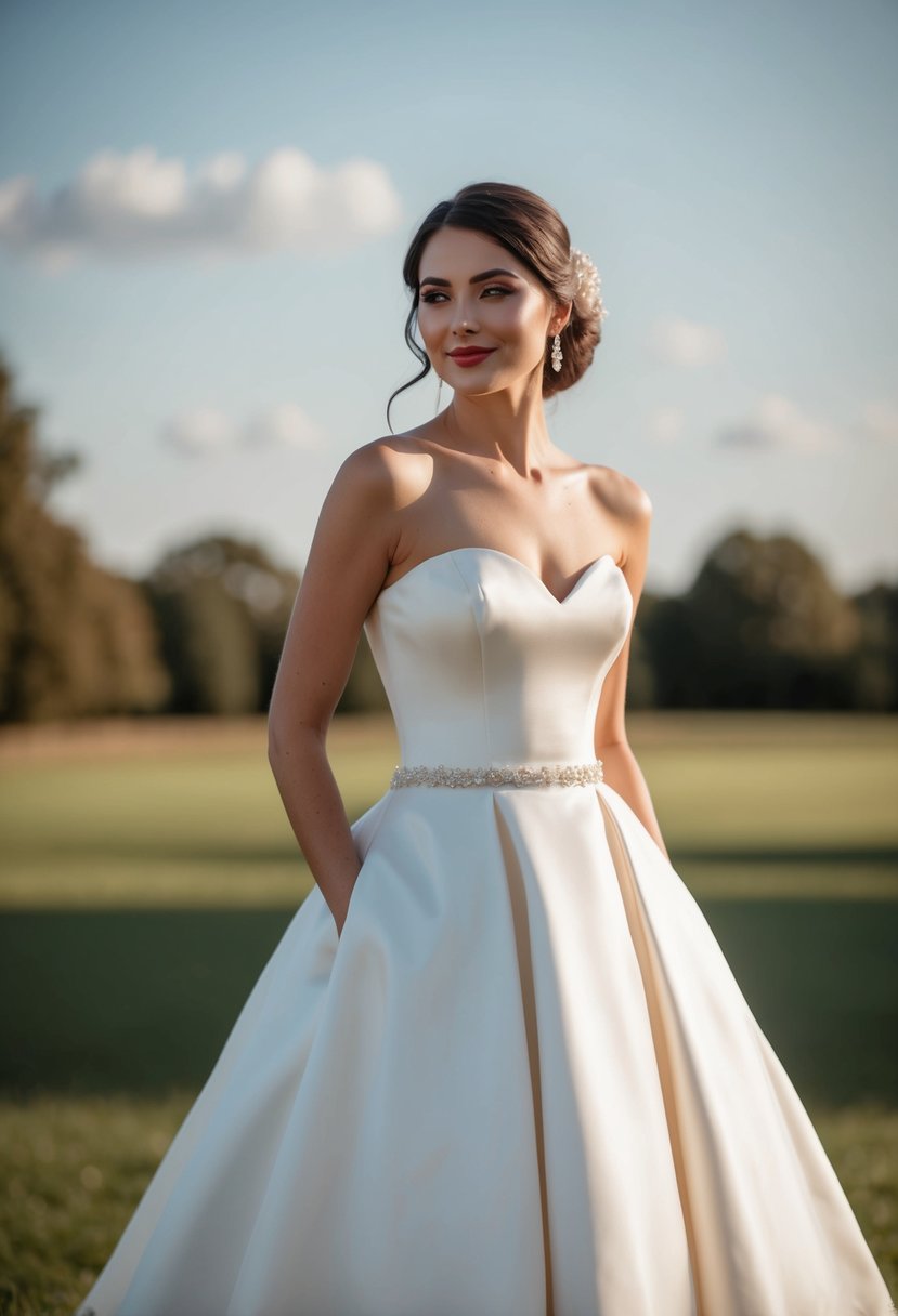 A strapless wedding dress with a full skirt, creating a balanced silhouette