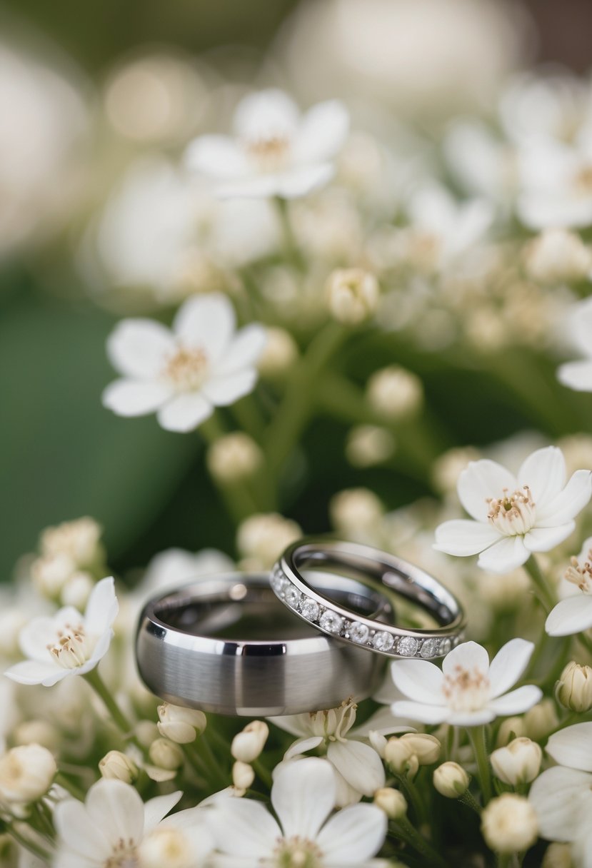 A simple, elegant pair of wedding rings resting on a bed of delicate white flowers