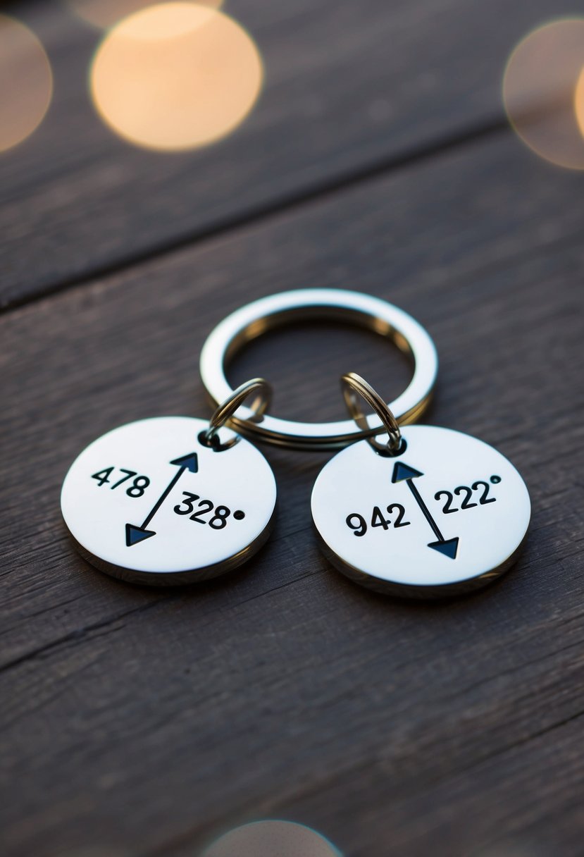 A keychain with two interlocking coordinates, symbolizing a special location for a couple's wedding gift