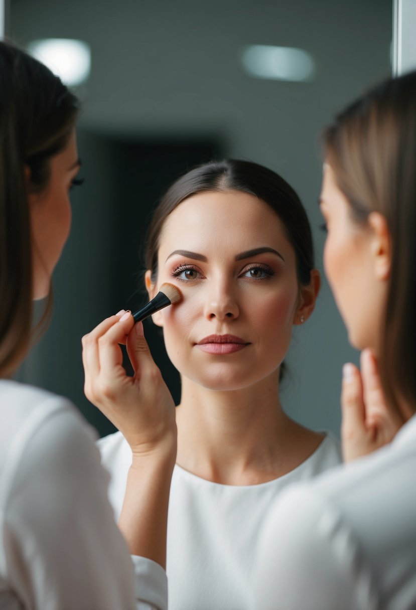 A woman applying minimal makeup in front of a mirror. Natural lighting illuminates her face