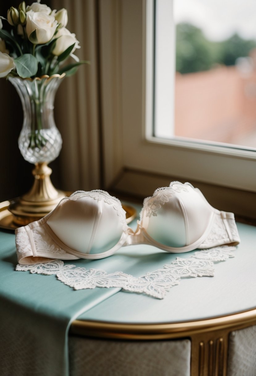 A strapless bra lies on a silk-covered dressing table, next to a delicate lace strapless wedding dress