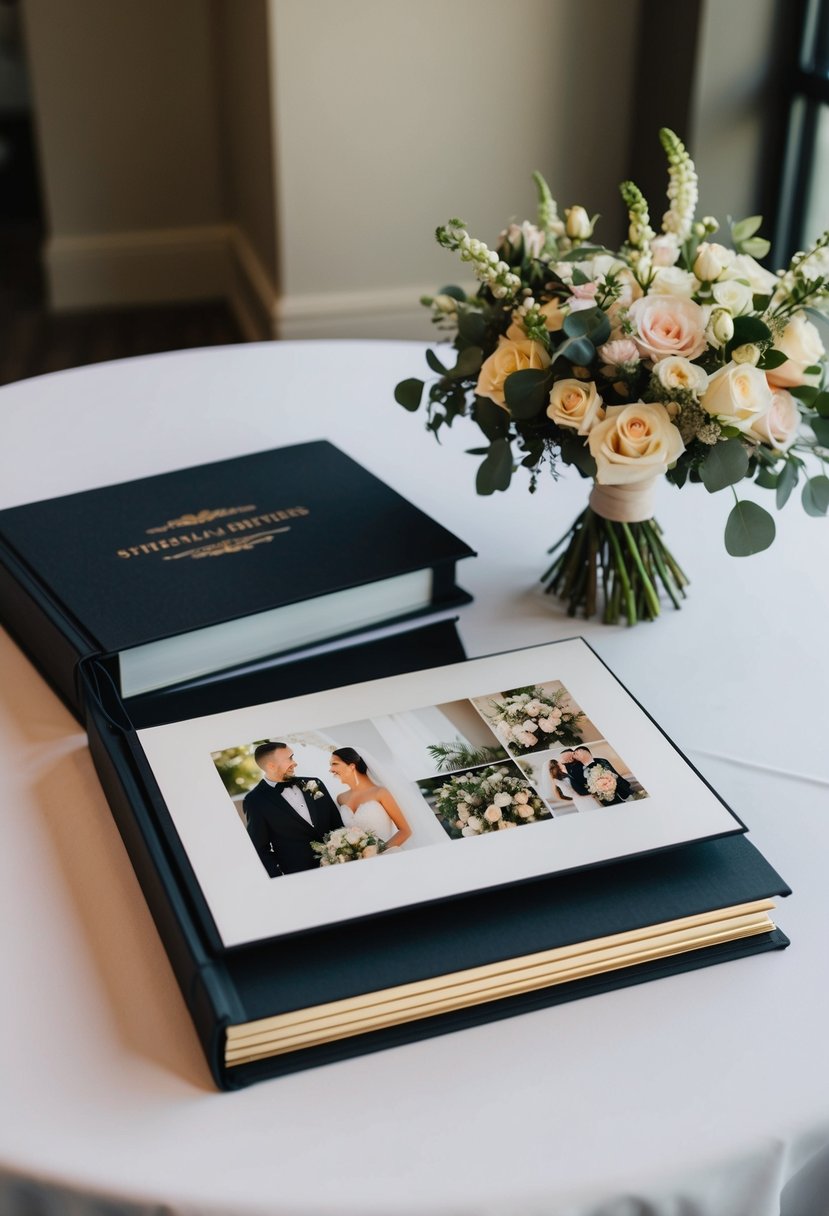 A custom printed photo album open on a table, displaying elegant wedding photos. A bouquet of flowers sits beside it, adding a romantic touch to the scene