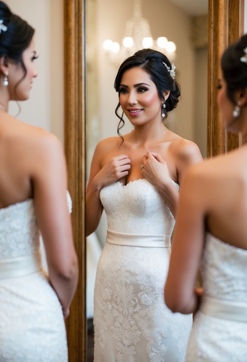 A bride stands in front of a mirror, trying on a strapless wedding dress. She adjusts the neckline to complement her décolletage