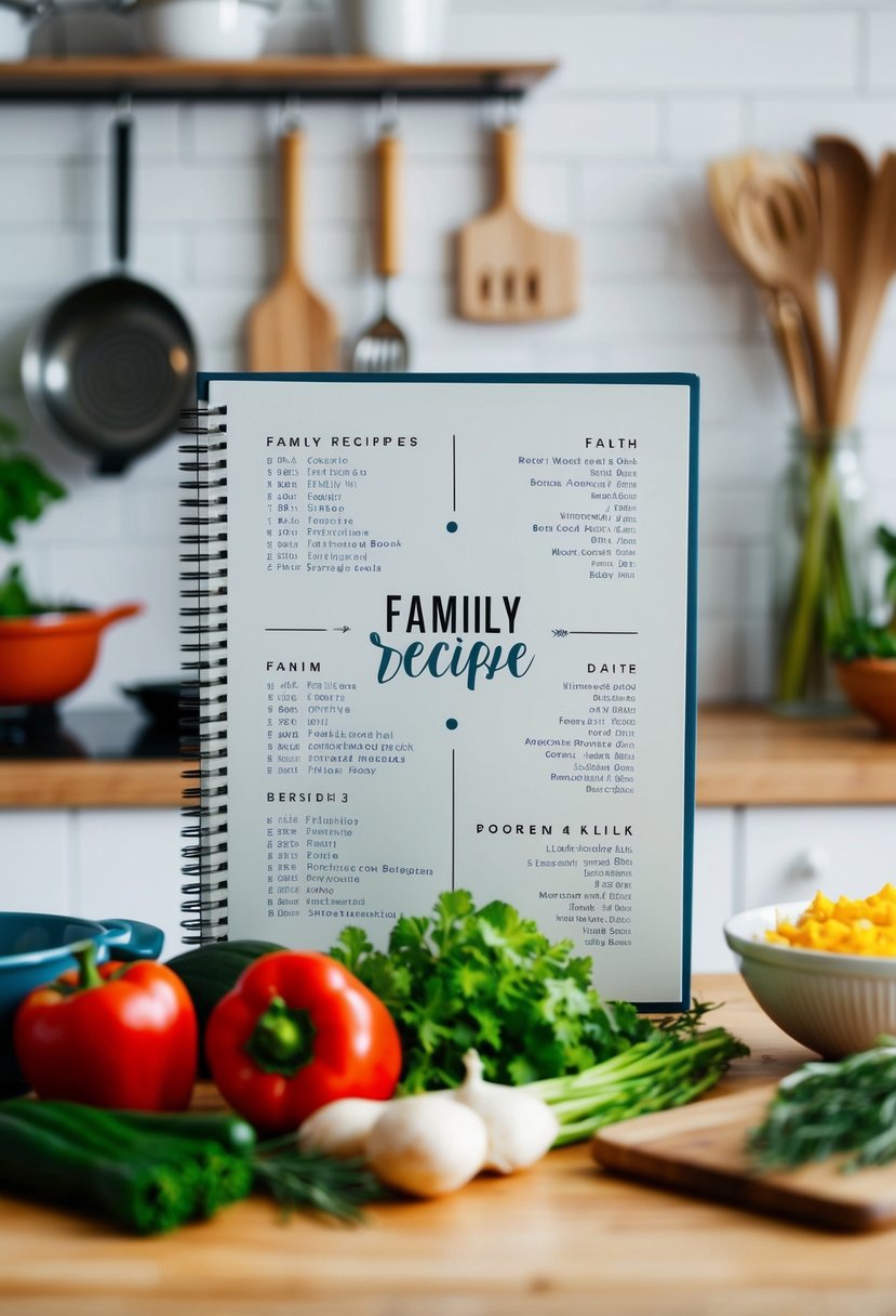 A family recipe book with names and dates on a kitchen counter surrounded by cooking utensils and fresh ingredients