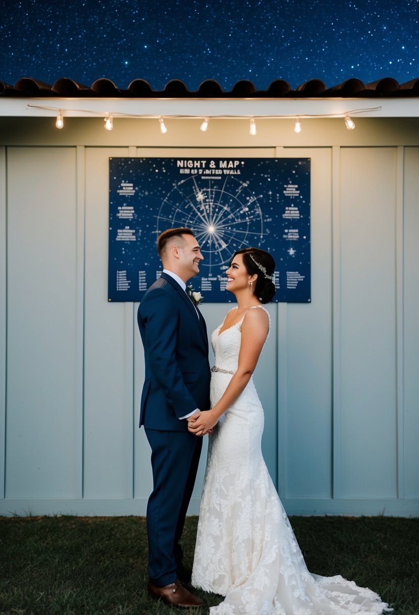 A couple standing under a starry night sky, with a custom star map depicting the night of their wedding hanging on the wall behind them