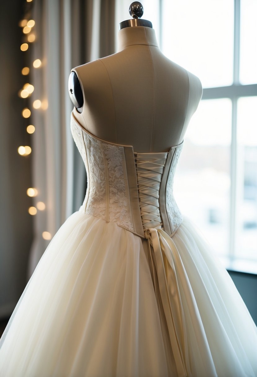 A bridal gown with an adjustable corset back, fitting snugly on a mannequin