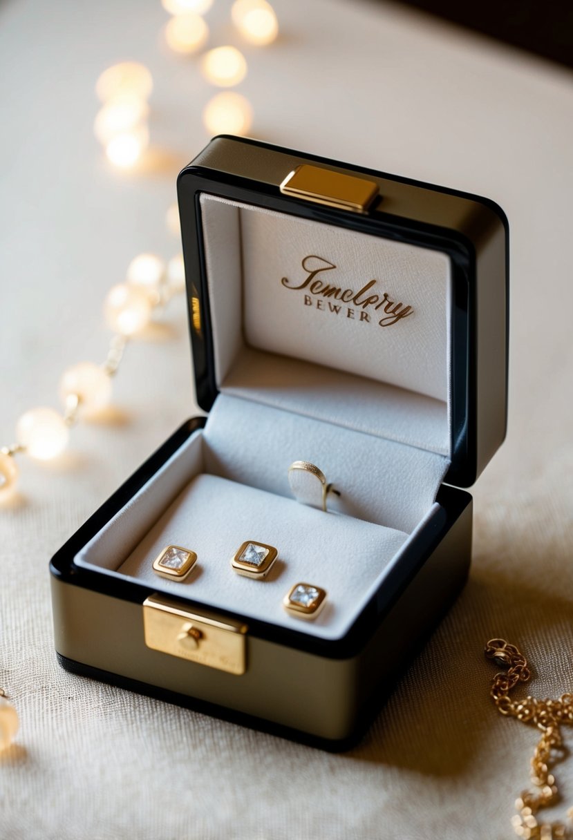 A jewelry box sits open, revealing a personalized engraving on the lid. Inside, delicate name-engraved pieces glisten in the soft light