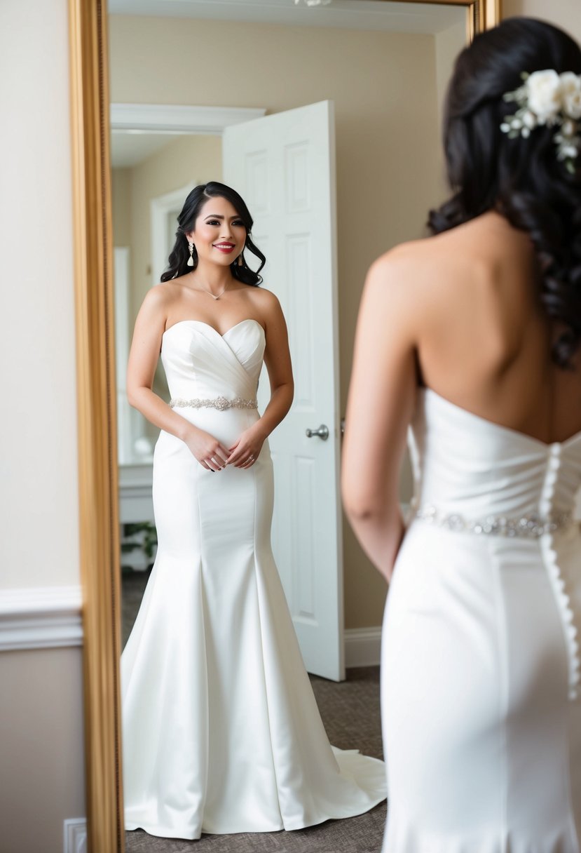 A bride standing in front of a full-length mirror, trying on a strapless wedding dress with a bolero or topper for a versatile look