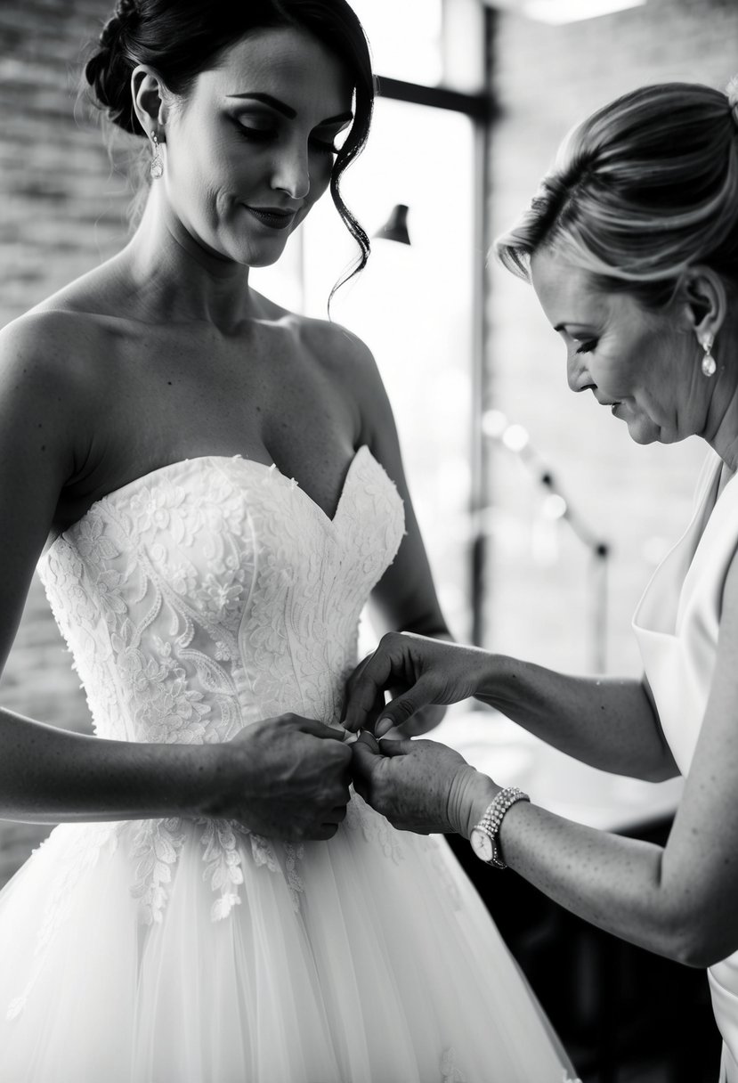 A seamstress carefully adjusts the fit of a strapless wedding dress, ensuring it hugs the body perfectly