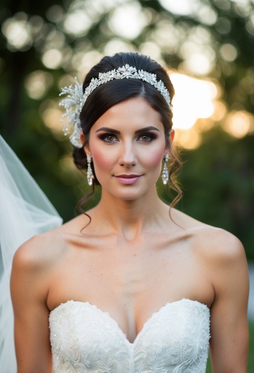 A bride wearing a strapless wedding dress with a statement headpiece, drawing attention to her face