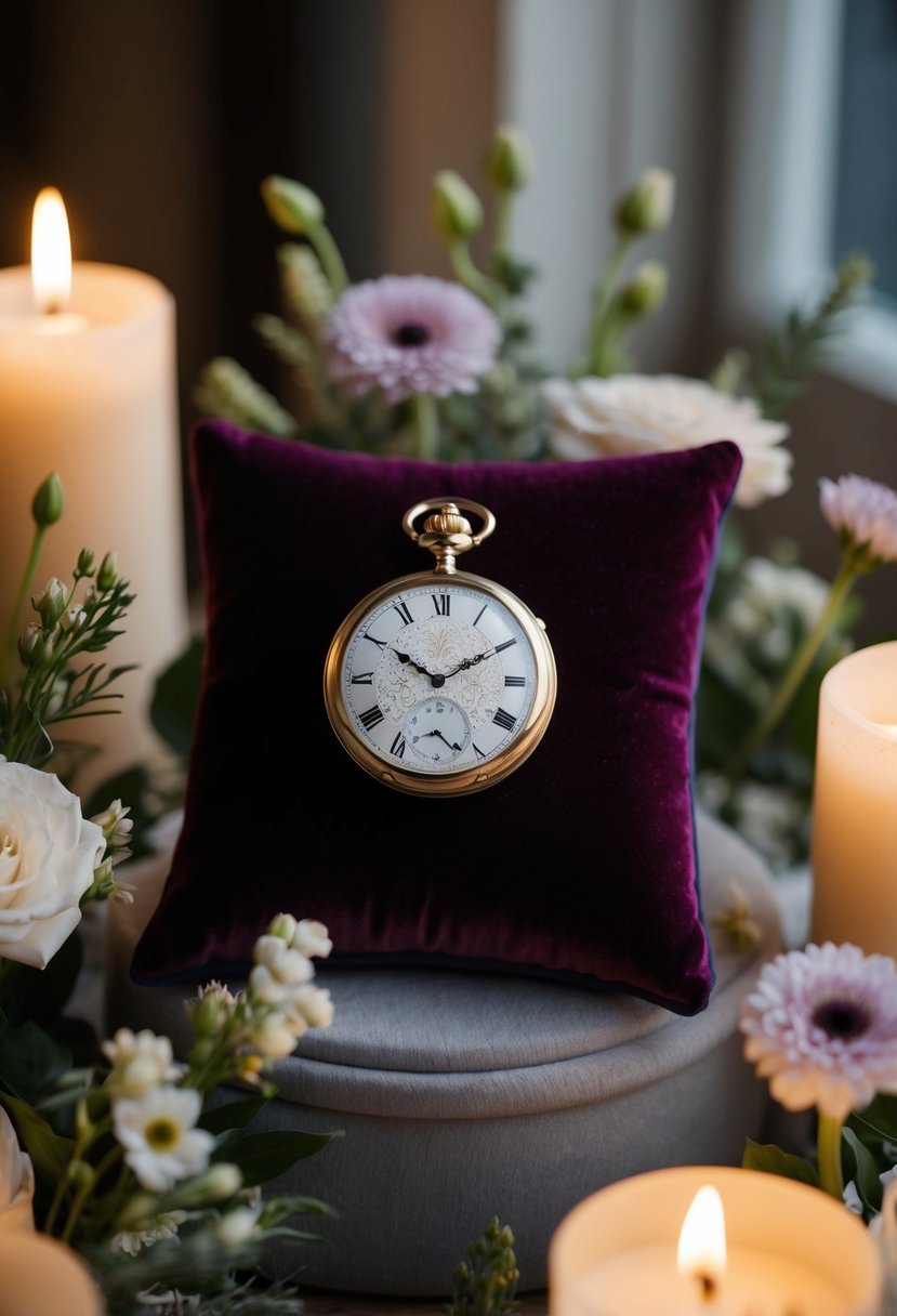 A beautifully engraved pocket watch displayed on a velvet cushion, surrounded by delicate floral arrangements and soft candlelight