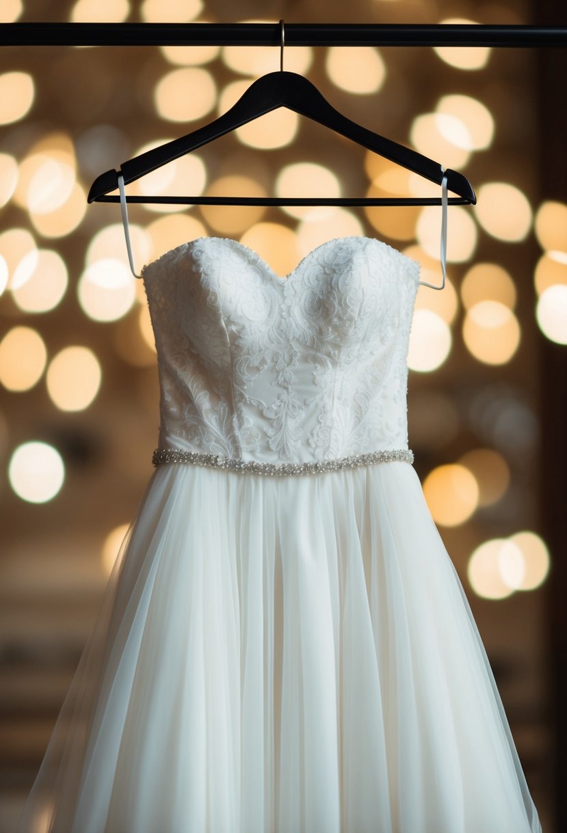 A strapless wedding dress hangs gracefully on a hanger, with no lumps or creases, ensuring a smooth fit on the wearer's body