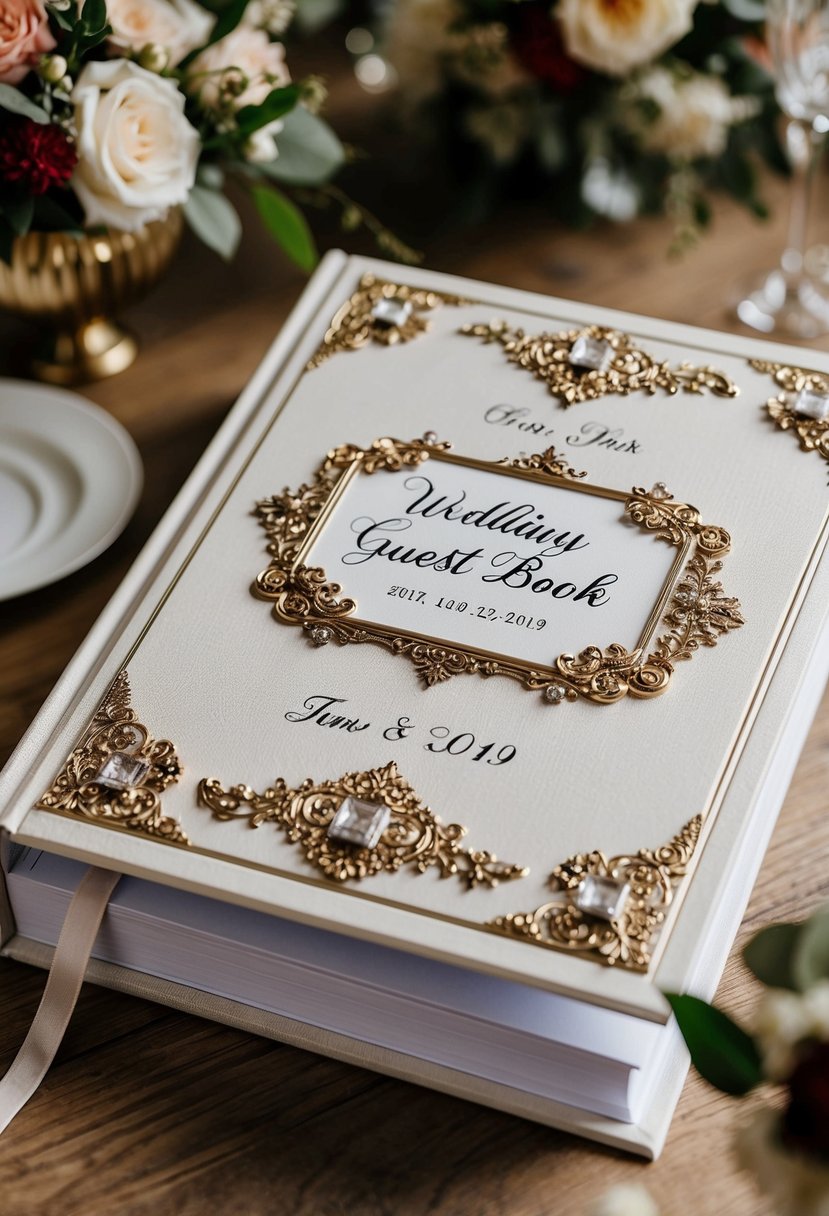 A beautifully decorated wedding guest book with intricate details and personalized elements