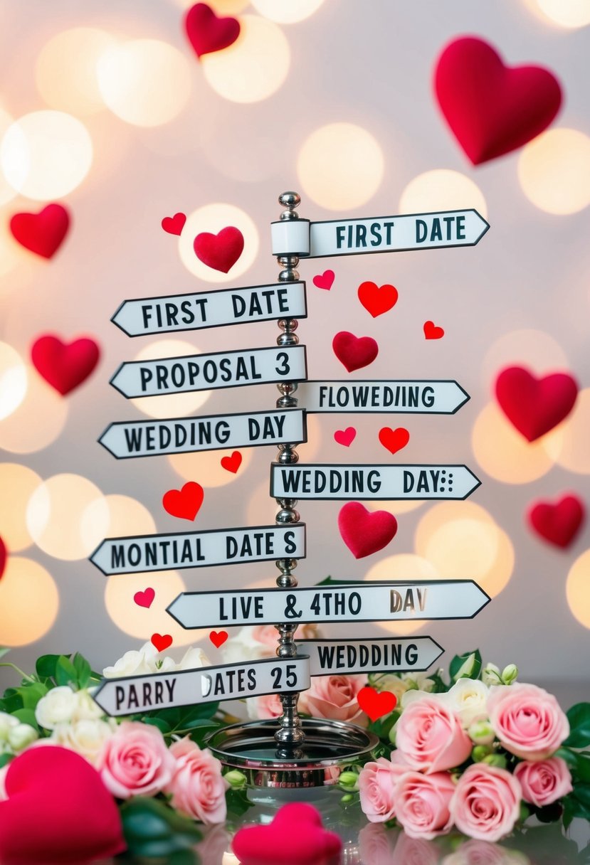 A timeline of significant dates and events, such as the first date, proposal, and wedding day, surrounded by romantic symbols like hearts and flowers