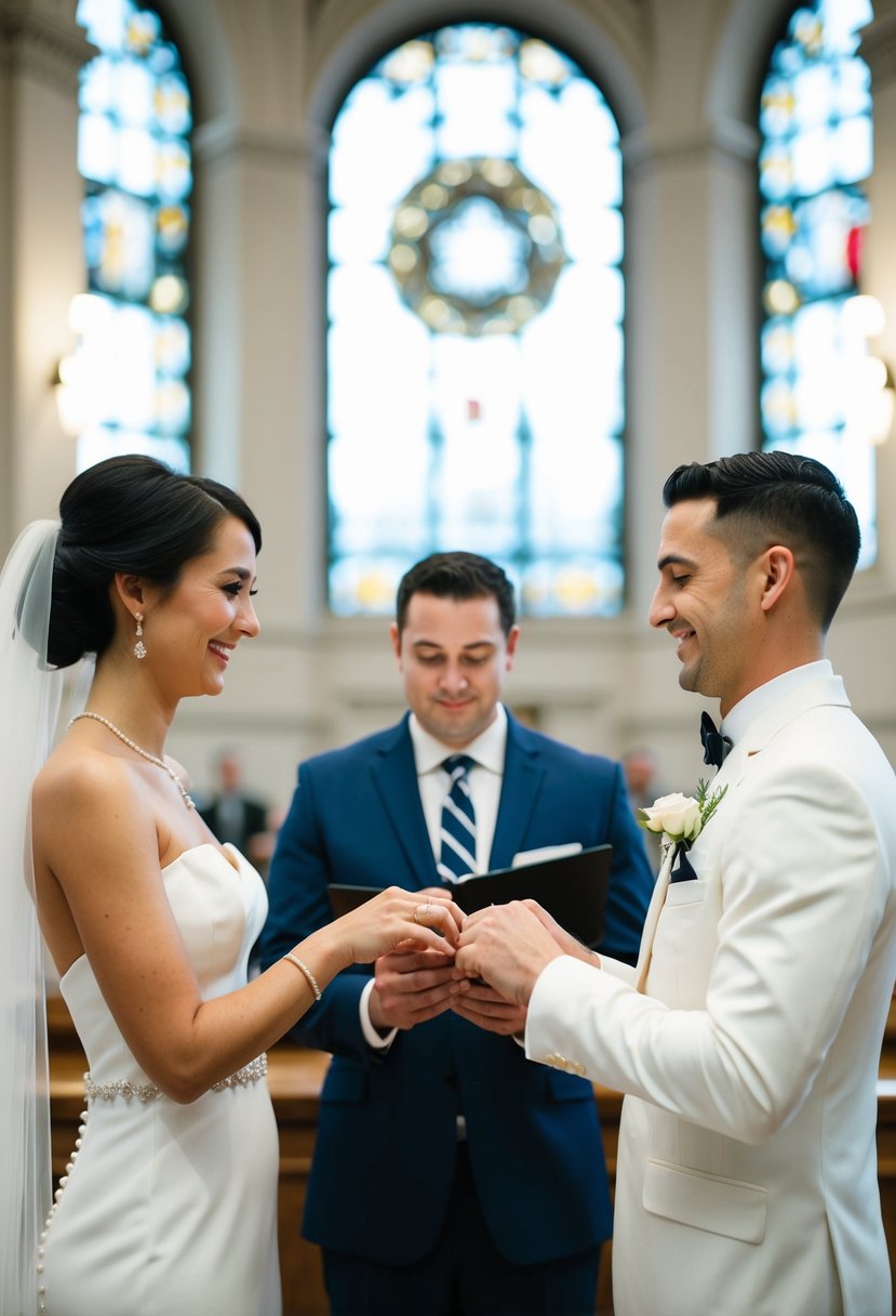 A bride and groom exchanging rings at a simple, elegant ceremony in a city hall