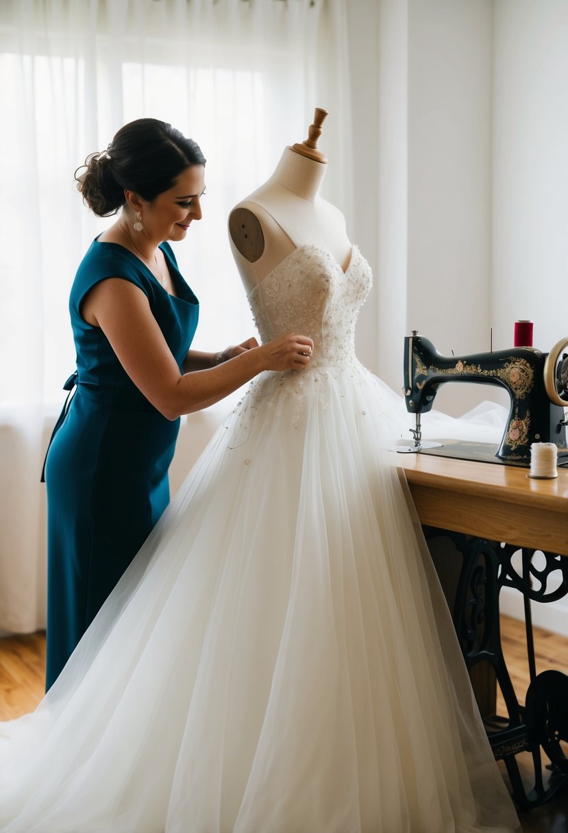 A seamstress carefully pins and adjusts a flowing wedding gown on a mannequin, surrounded by spools of thread and a sewing machine