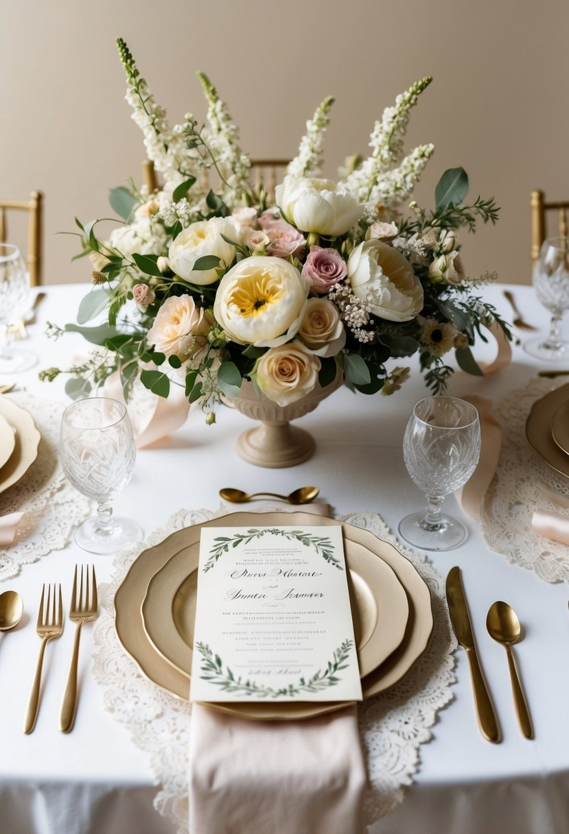 A table set with elegant floral arrangements, surrounded by delicate lace and ribbon, with a vintage-inspired wedding invitation as the centerpiece