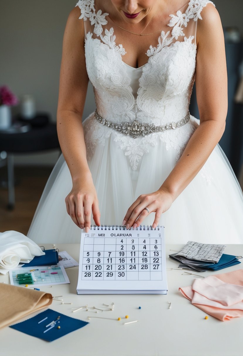 A bride consults a calendar, marking a date well in advance for her first wedding dress fitting. Pins, needles, and fabric swatches are scattered on the table