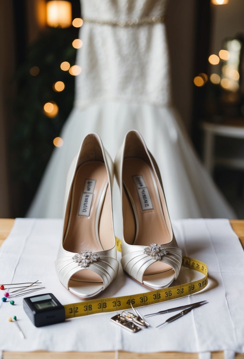 A pair of elegant wedding shoes placed next to a wedding dress on a tailor's table, surrounded by pins, needles, and a measuring tape