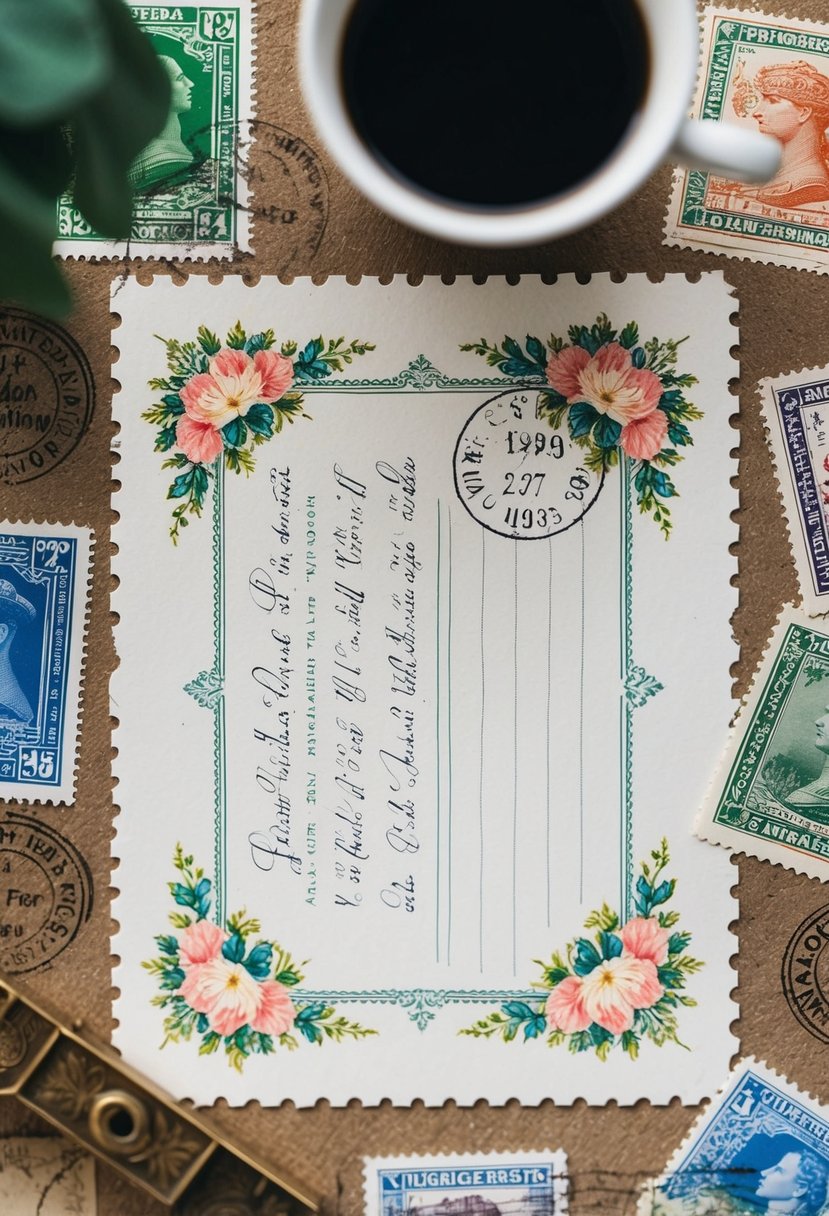 A vintage postcard with floral border and calligraphy, surrounded by old-fashioned stamps and postmarks