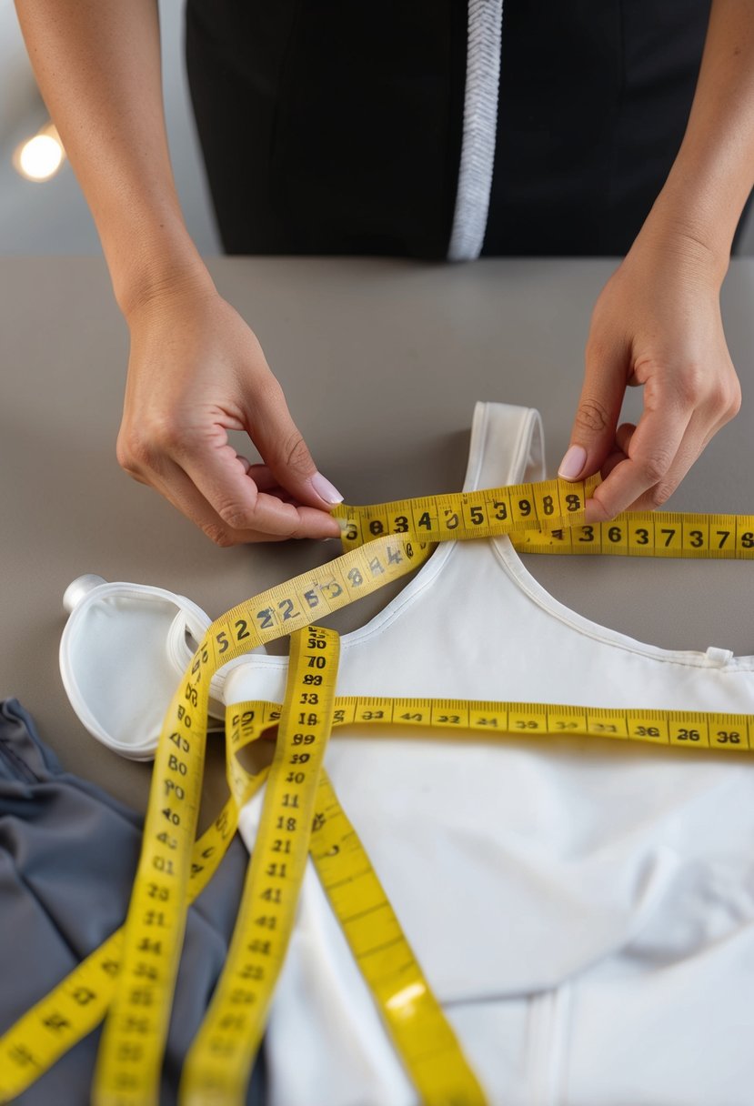 A tailor measuring tape around a dress form with various undergarments laid out nearby