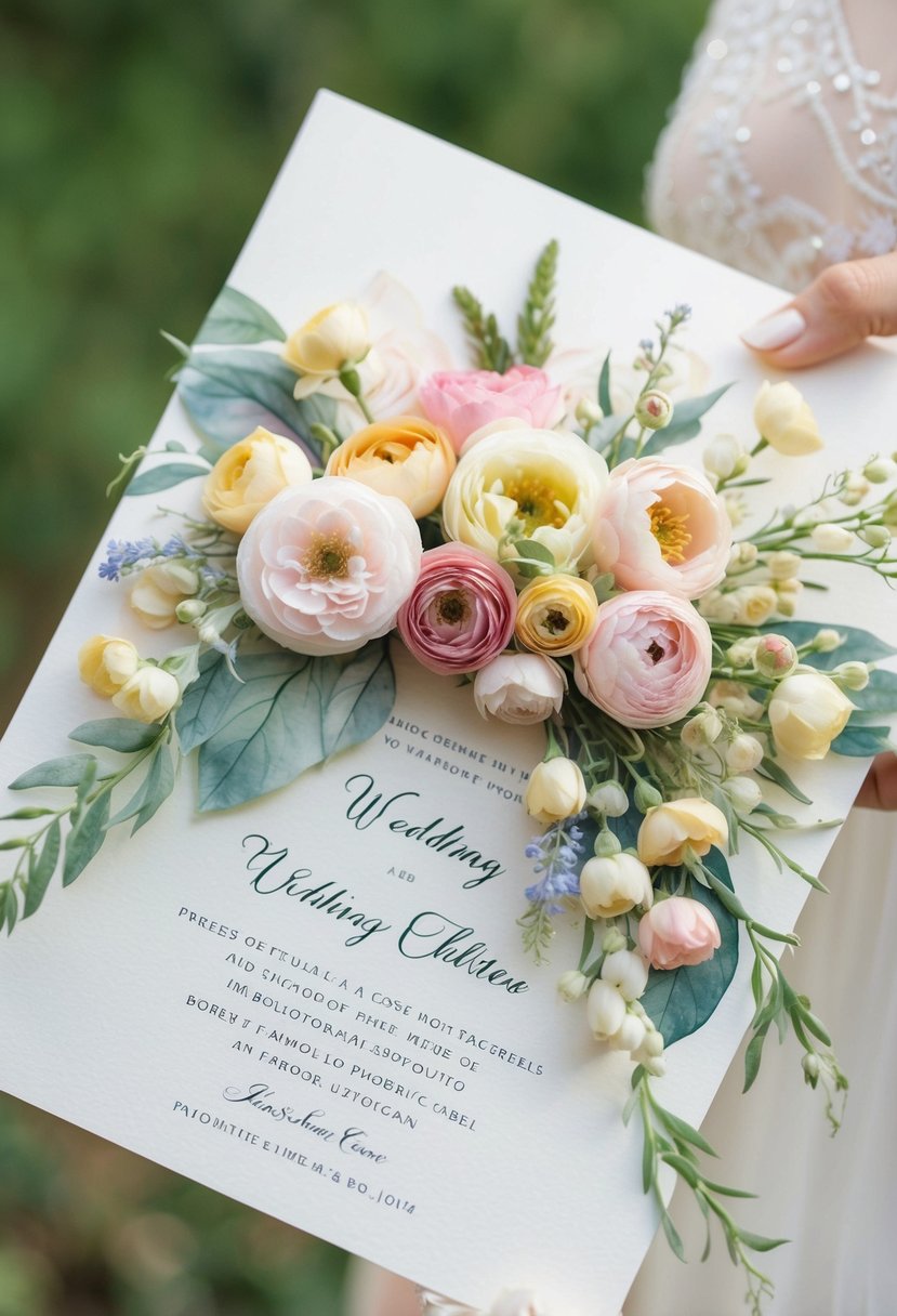 A delicate bouquet of watercolor flowers cascading across a wedding invitation, with soft pastel colors and intricate details