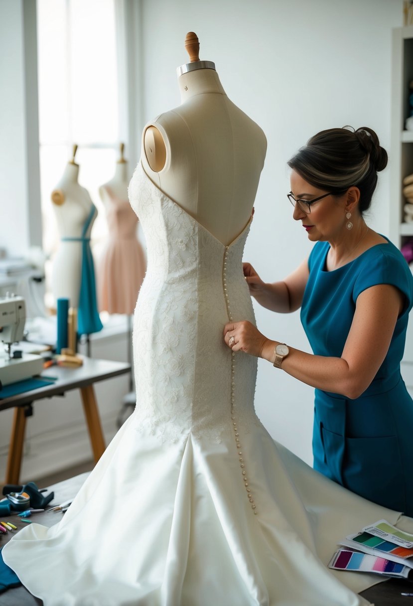 A seamstress carefully pinning and adjusting the hem and bodice of a wedding dress on a mannequin, surrounded by a variety of sewing tools and fabric swatches