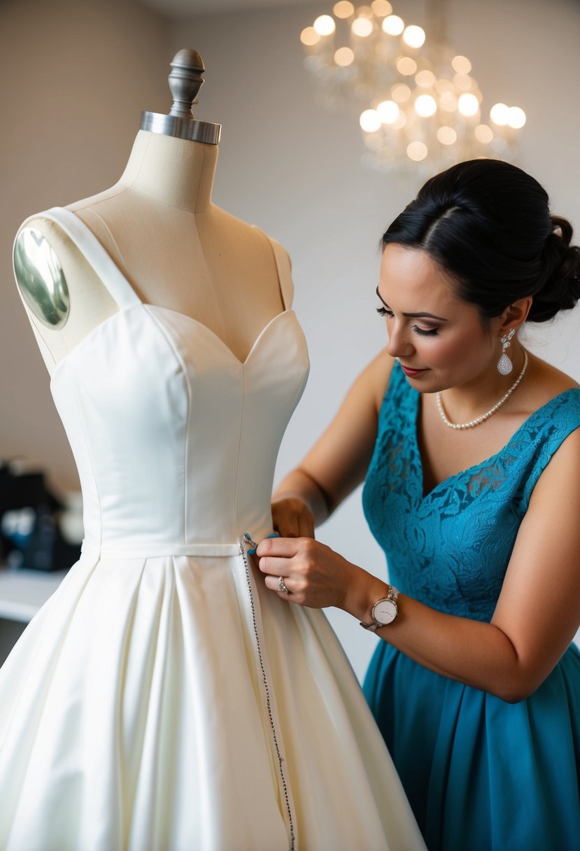 A seamstress carefully sews a waist stay into a wedding dress, ensuring a perfect fit for the bride's special day