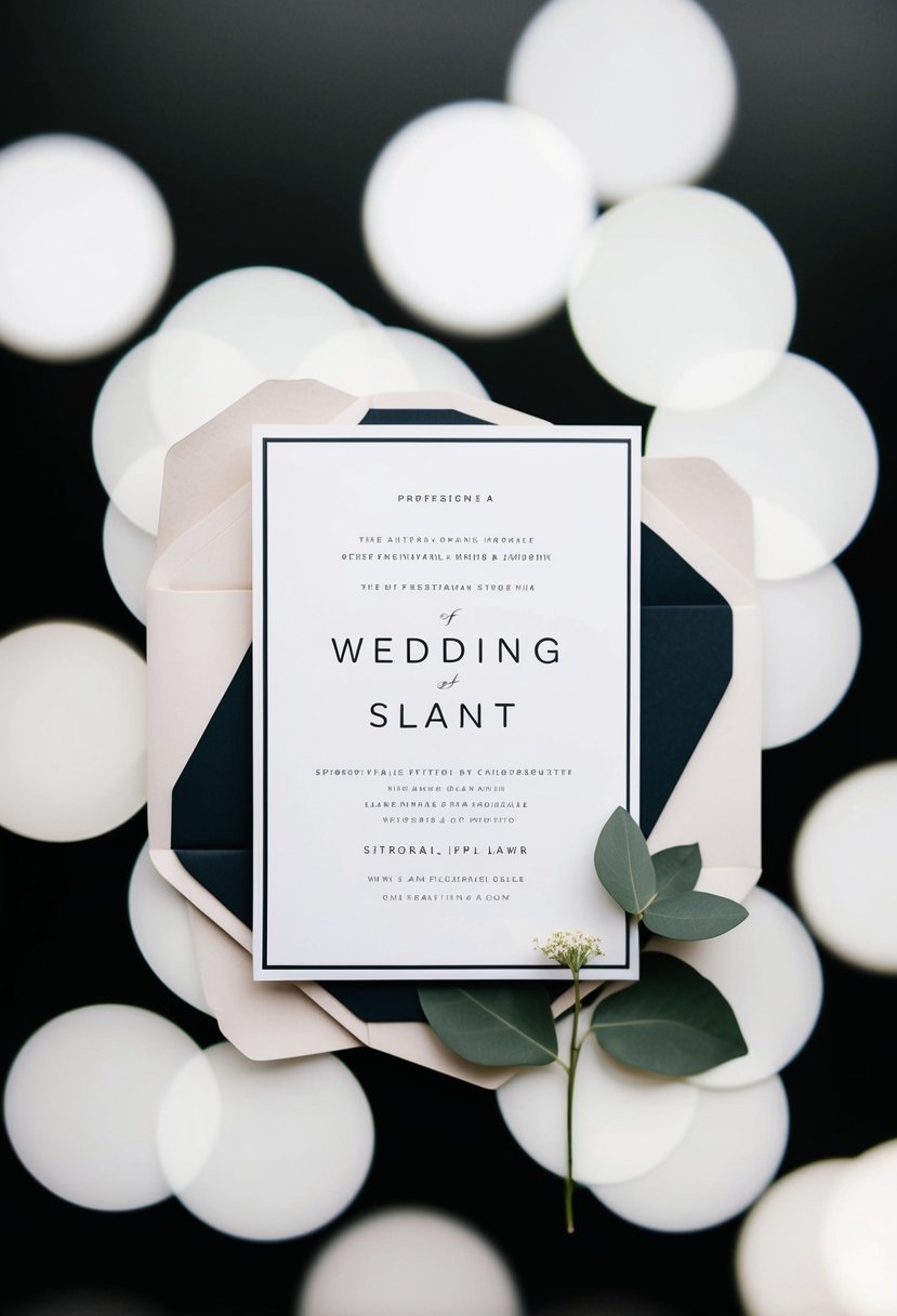 A simple, elegant wedding invitation with clean lines and geometric shapes, set against a stark black and white background