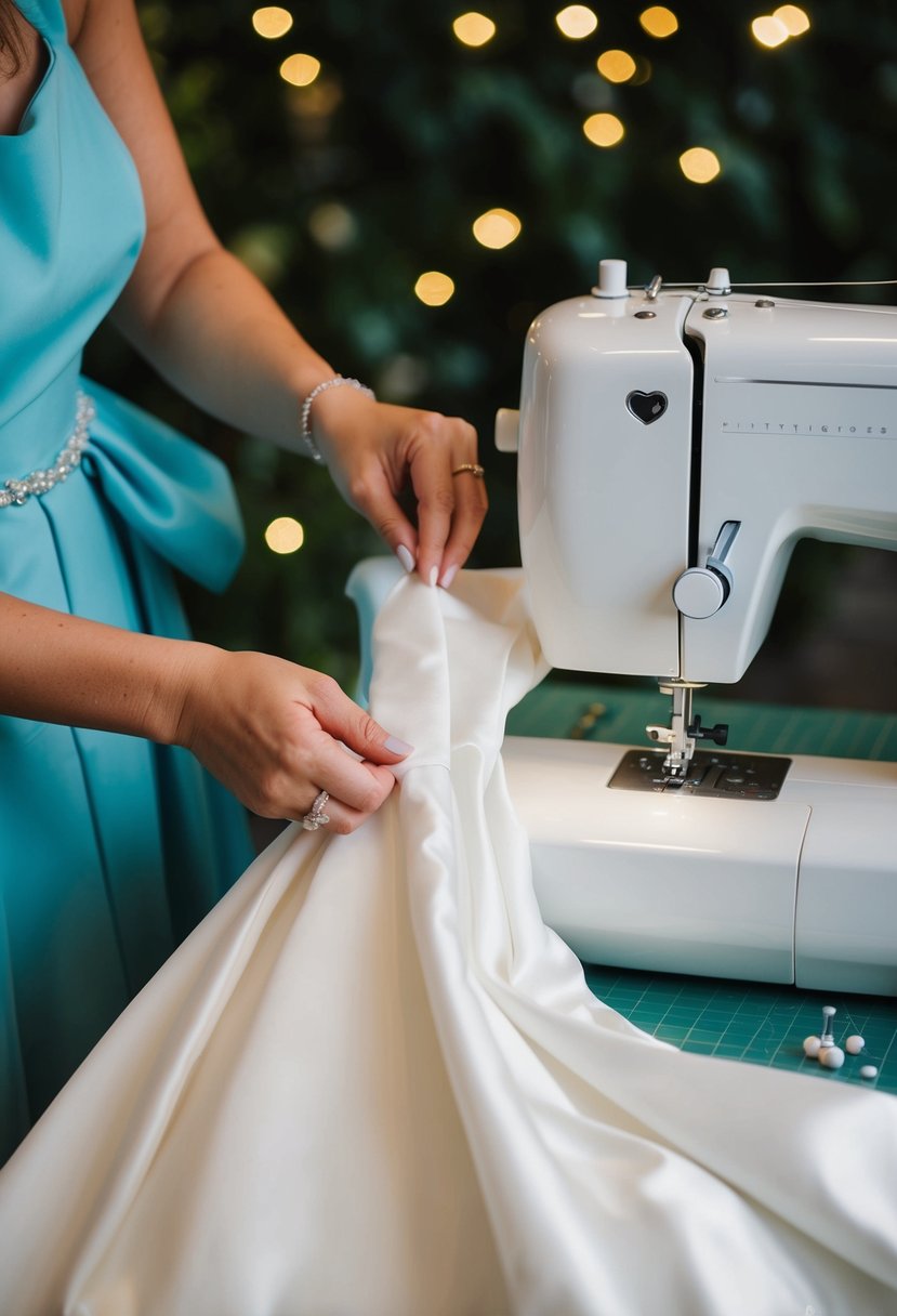 A wedding dress being altered, with a seamstress letting out the fabric to accommodate a larger size, using pins and a sewing machine