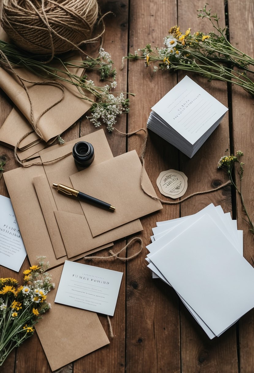 A wooden table scattered with rustic kraft paper, twine, and wildflowers, with a vintage ink pen and a stack of blank wedding invitation designs