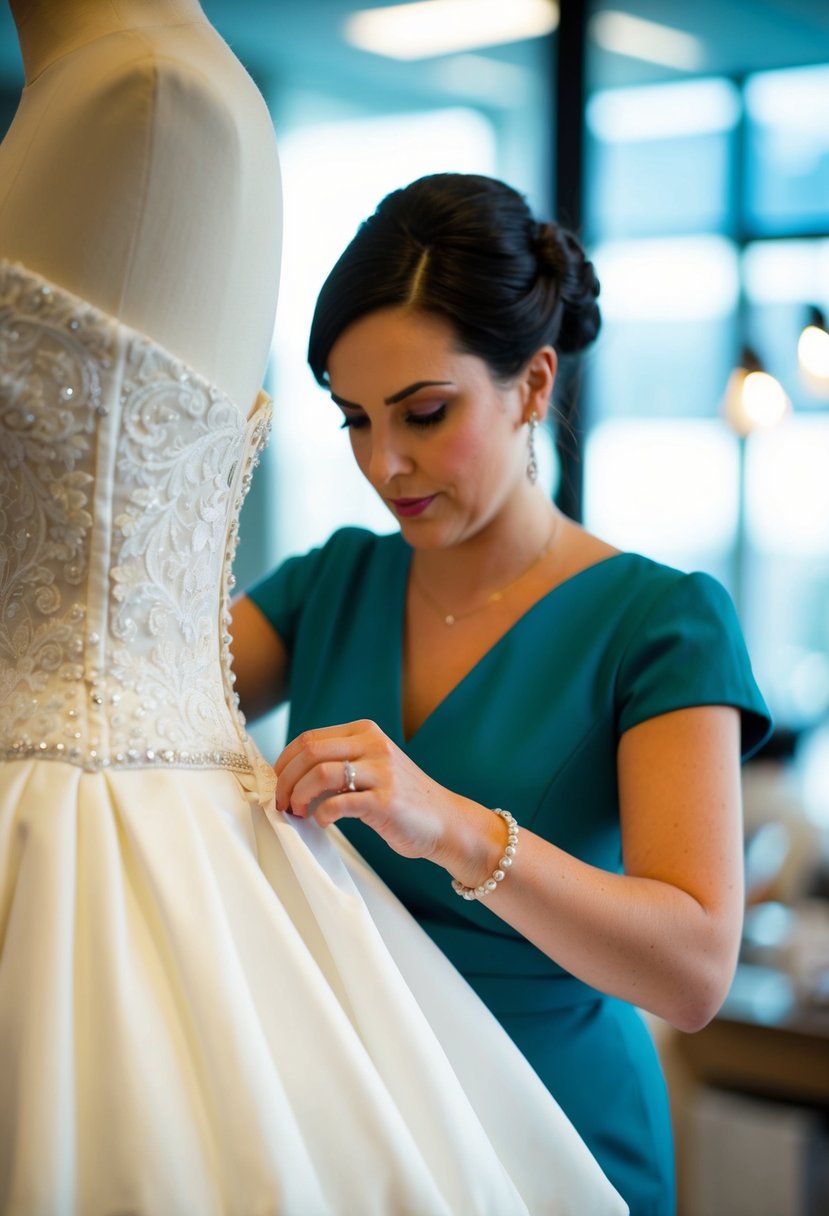 A seamstress carefully measures and adjusts the seam allowance of a wedding dress, ensuring a perfect fit for the bride