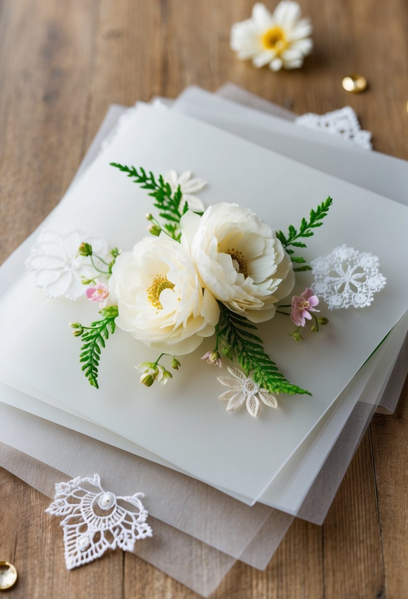 Translucent vellum layers arranged with floral and lace motifs for wedding invitations