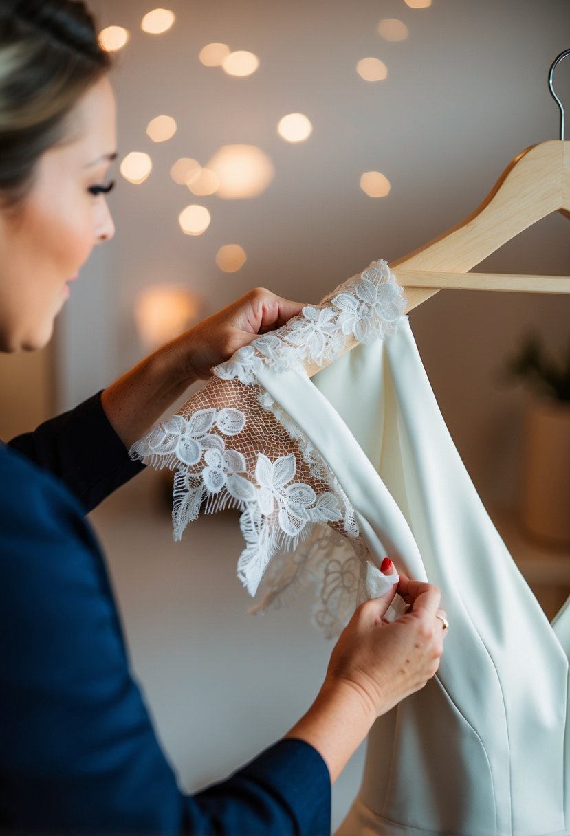 A wedding dress being altered with delicate lace sleeves added