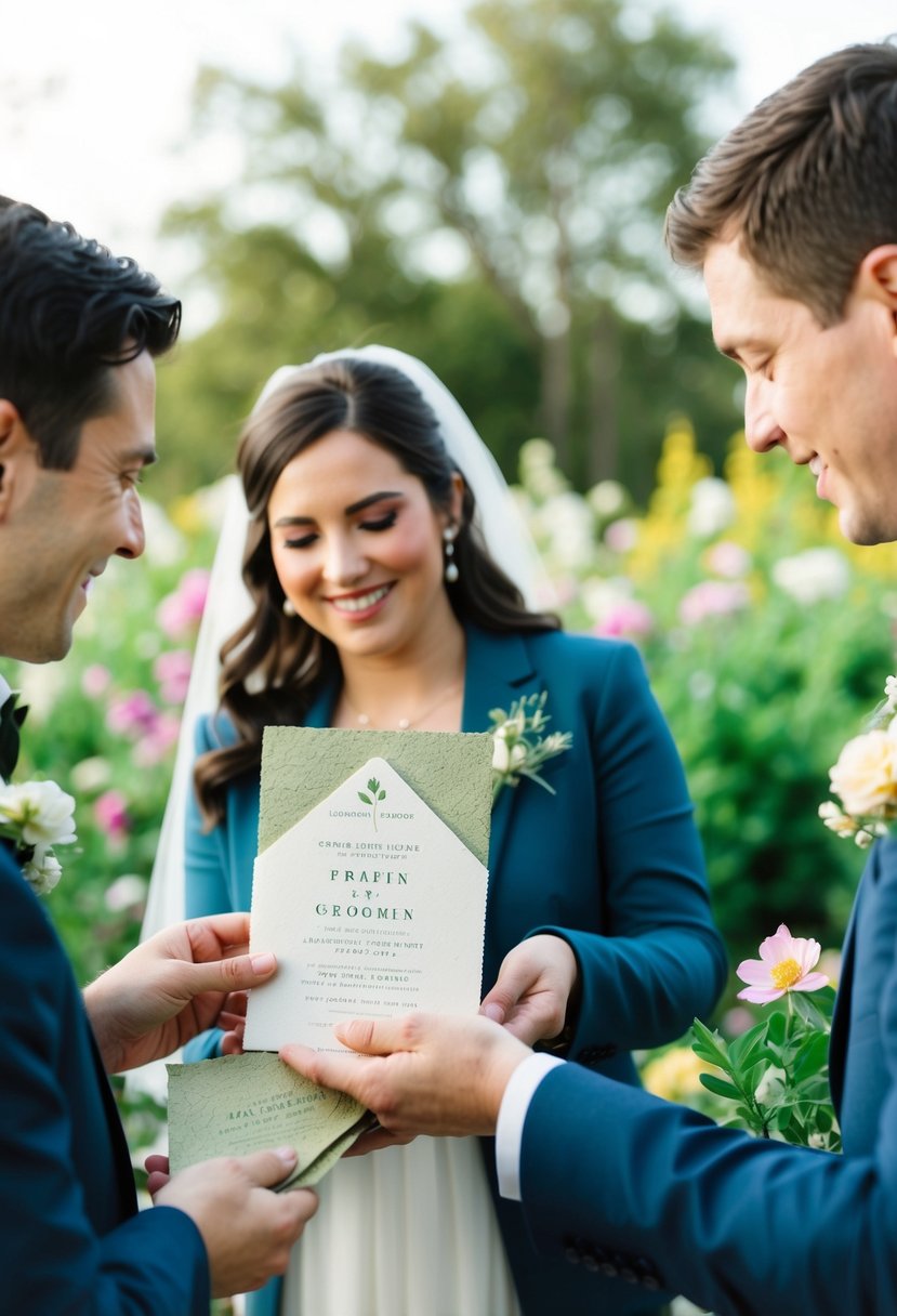 A bride and groom receive eco-friendly seed paper wedding invitations, surrounded by blooming flowers and greenery