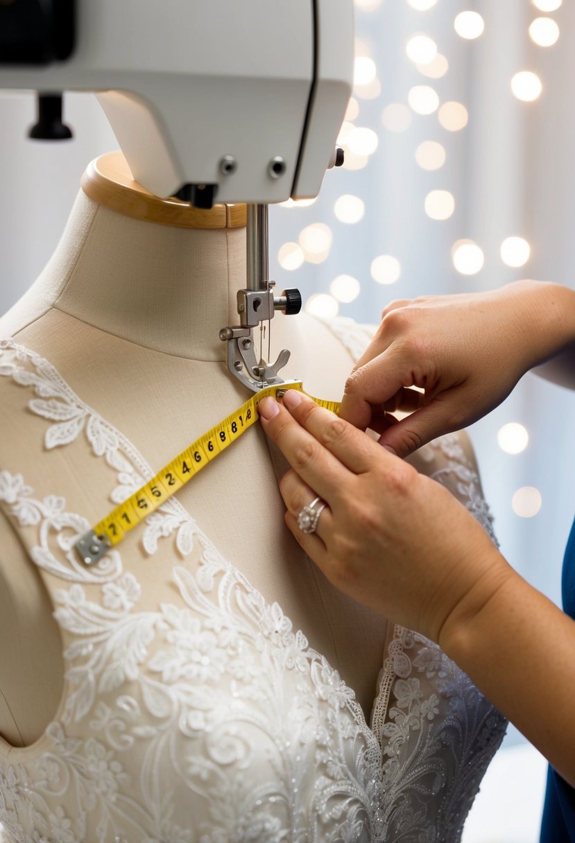 A seamstress adjusts a wedding dress neckline with pins and measuring tape