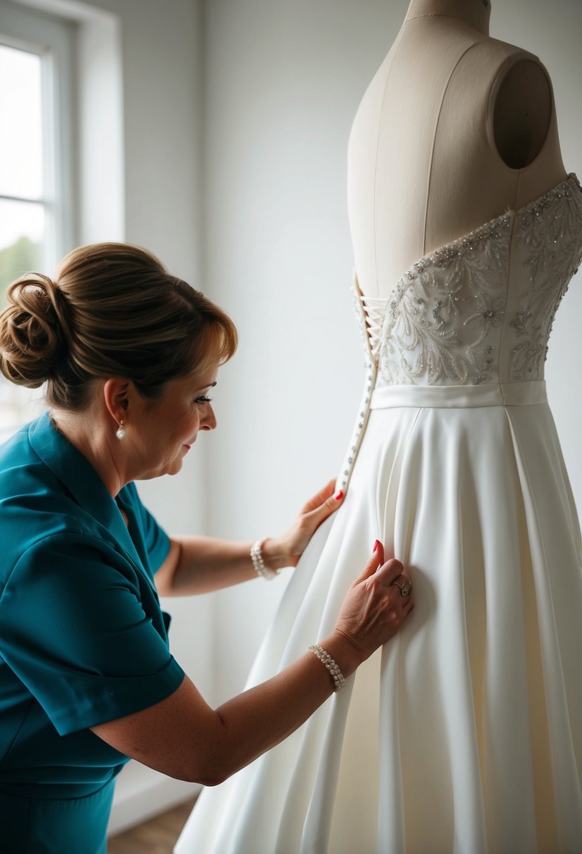 A seamstress smooths out fabric at the hips of a wedding dress, carefully adjusting the fit