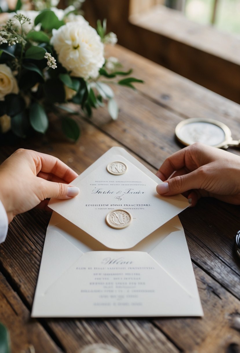 A wedding invitation with embossed monogram seals being opened on a rustic wooden table